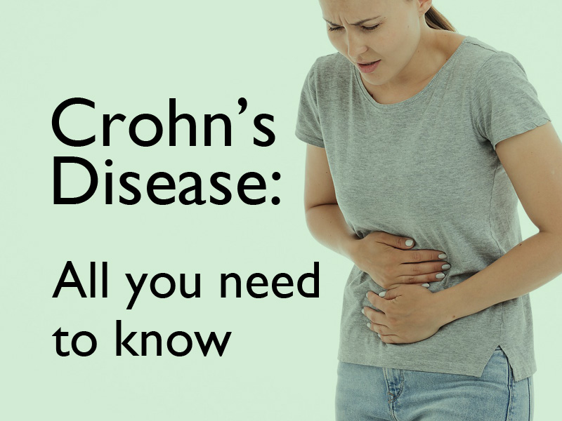 Woman doubled up with stomach pain to illustrate Crohn's Disease