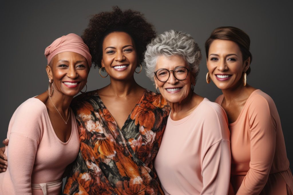 Half-length portrait of four cheerful senior diverse multiethnic women. Female friends smiling at camera while posing together. Diversity, beauty, friendship concept. Isolated over grey background.