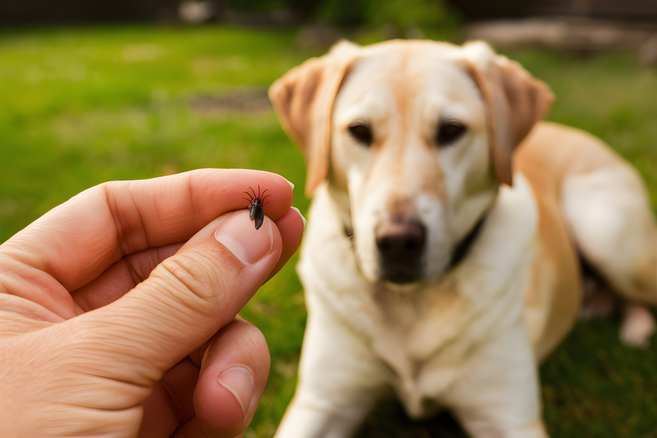 Tick removal from a dogs fur by a persons finger outdoors