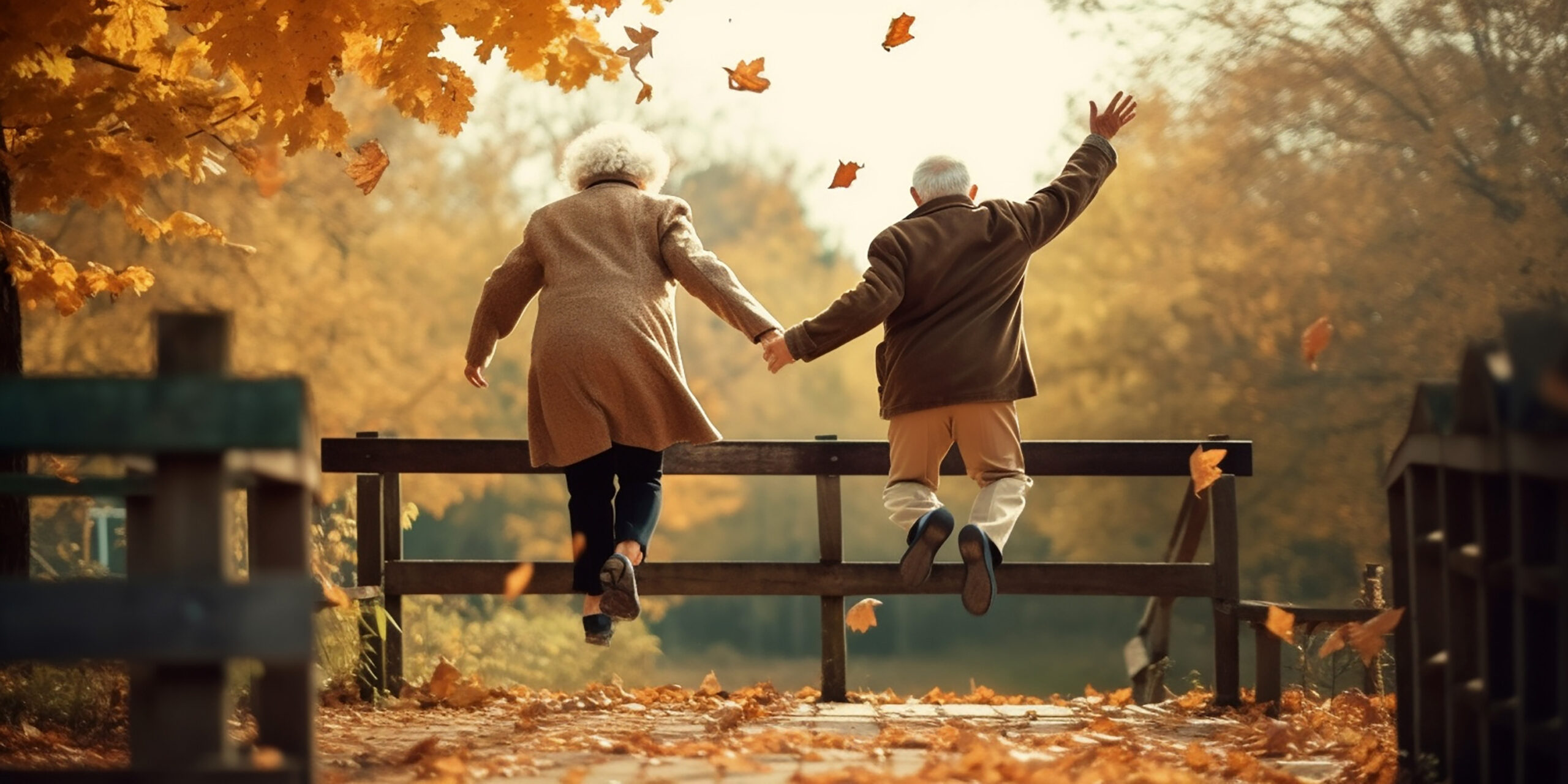 Happy elderly couple jumping high in autumn rural park, view from the back. Generative AI