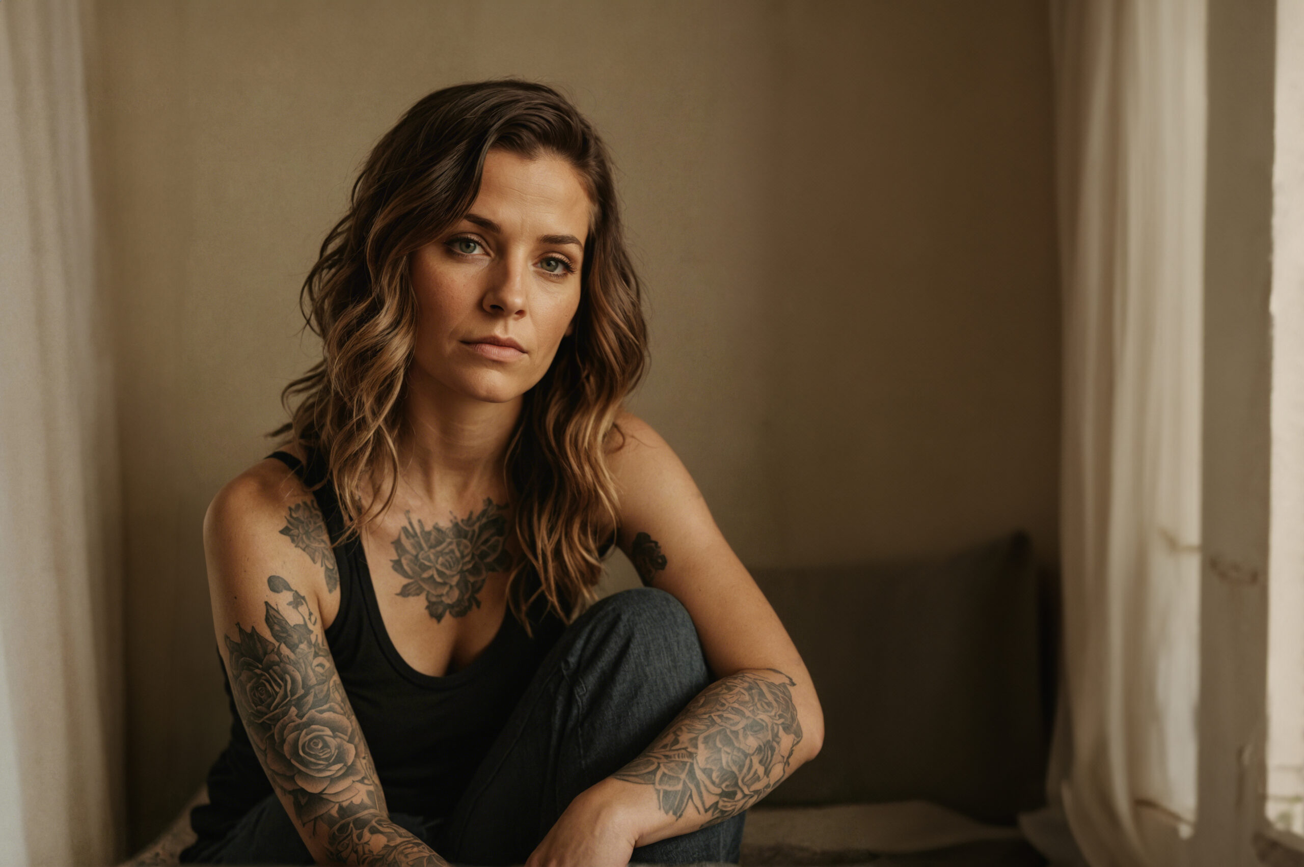 Young woman with tattoo sitting in dark room, feeling sad and depressed. Female in her 30s with ink flowers on her body