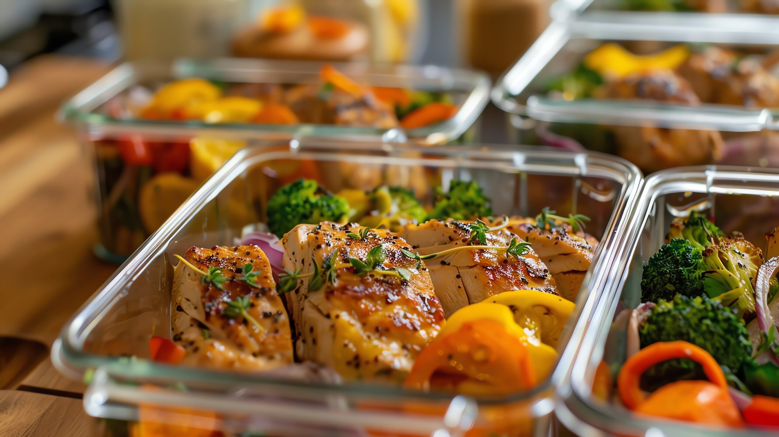 Close-up of meal prep containers filled with grilled chicken, vegetables, and herbs. Healthy food for the week.