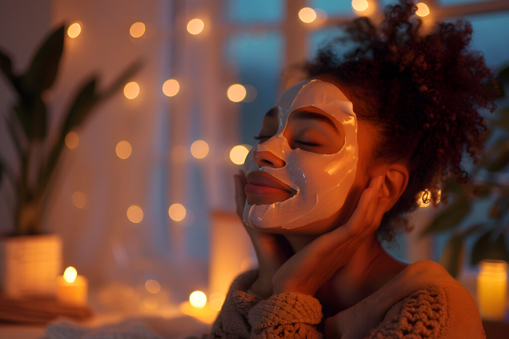 A serene photo of a woman with glowing skin applying a sheet mask, set in a tranquil room with candles and soft background music, promoting a moment of self-care