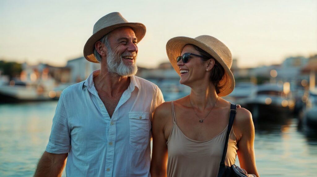 a middle-aged man and a woman walking along the waterfront. In a harbor full of yachts.