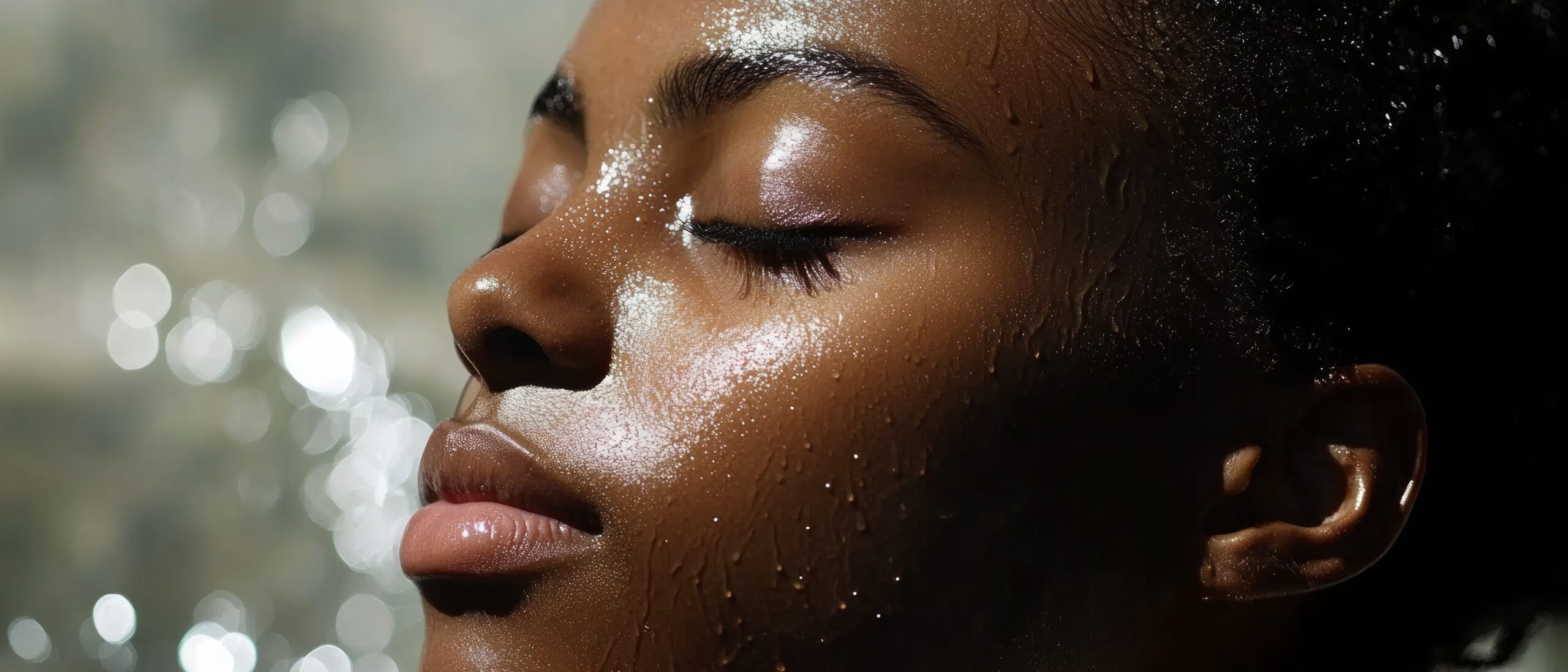 A woman relaxes peacefully with soft, radiant skin, applying niacinamide serum while water droplets glisten in the background, enhancing her natural beauty