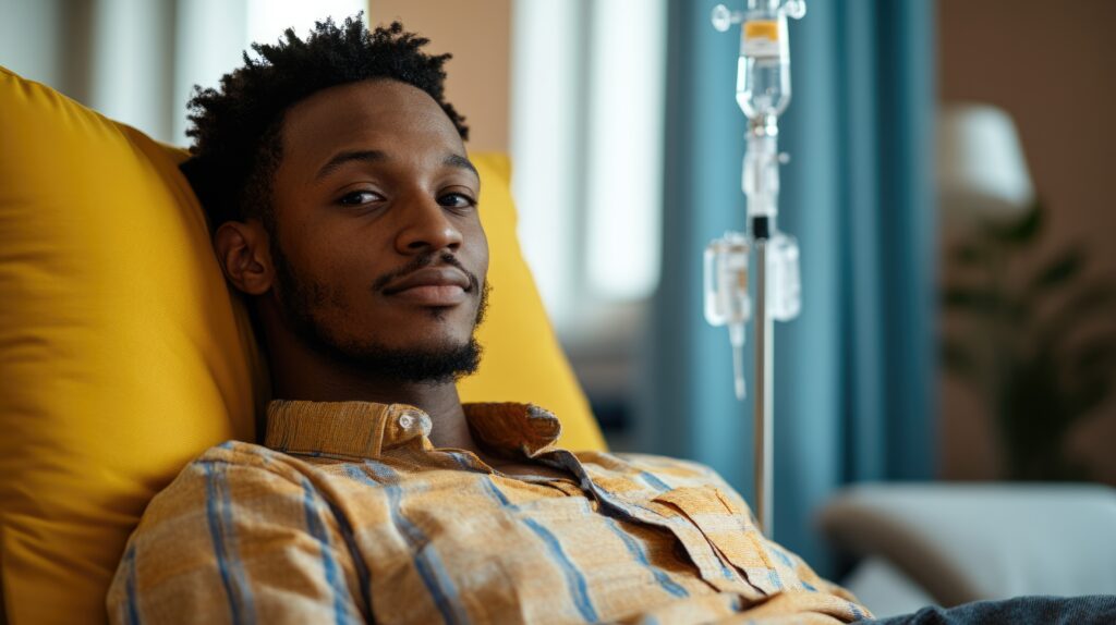 IV Hydration Therapy: Young Man Receiving Vitamin Infusion for Stress Relief