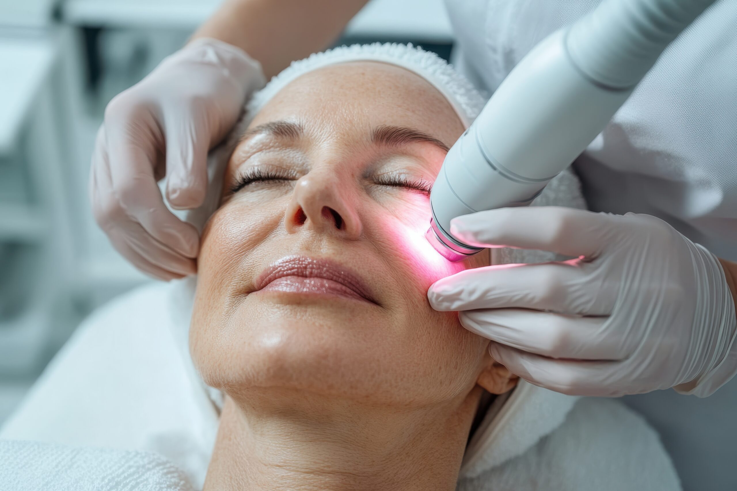 Licensed A professional performs a laser skin treatment on a client in a clinical setting, symbolizing advanced beauty treatments and the intersection of health and technology.